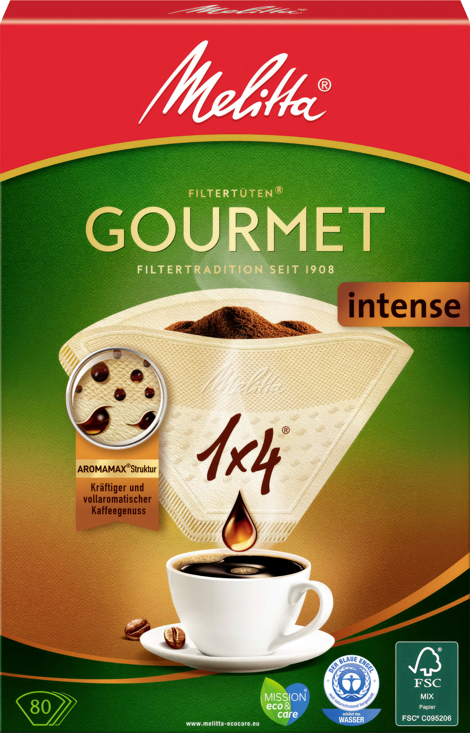 4006508208814 - Melitta® Filtertüten 1x4 80 Gourmet® Intense Temperamentvoller Kaffeegenuss in seiner vollen Aromavielfalt naturbraun 1 Packung = 80 Stück