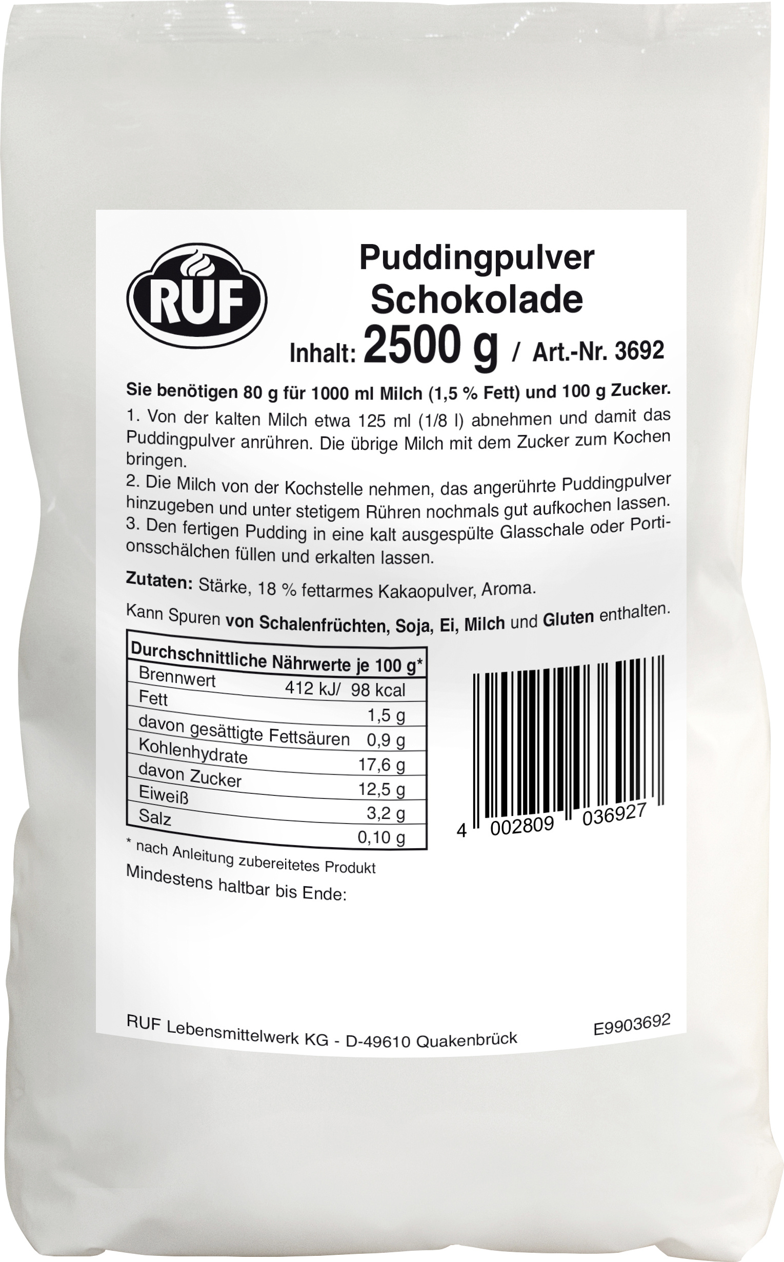 4002809036927 - Ruf Puddingpulver Schokolade Beutel 25kg